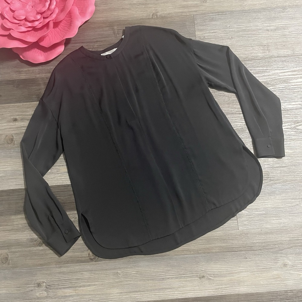 VINCE Womens Sz 4 Crochet Trim Stretch Silk Blend Blouse in Charcoal Long Sleeve